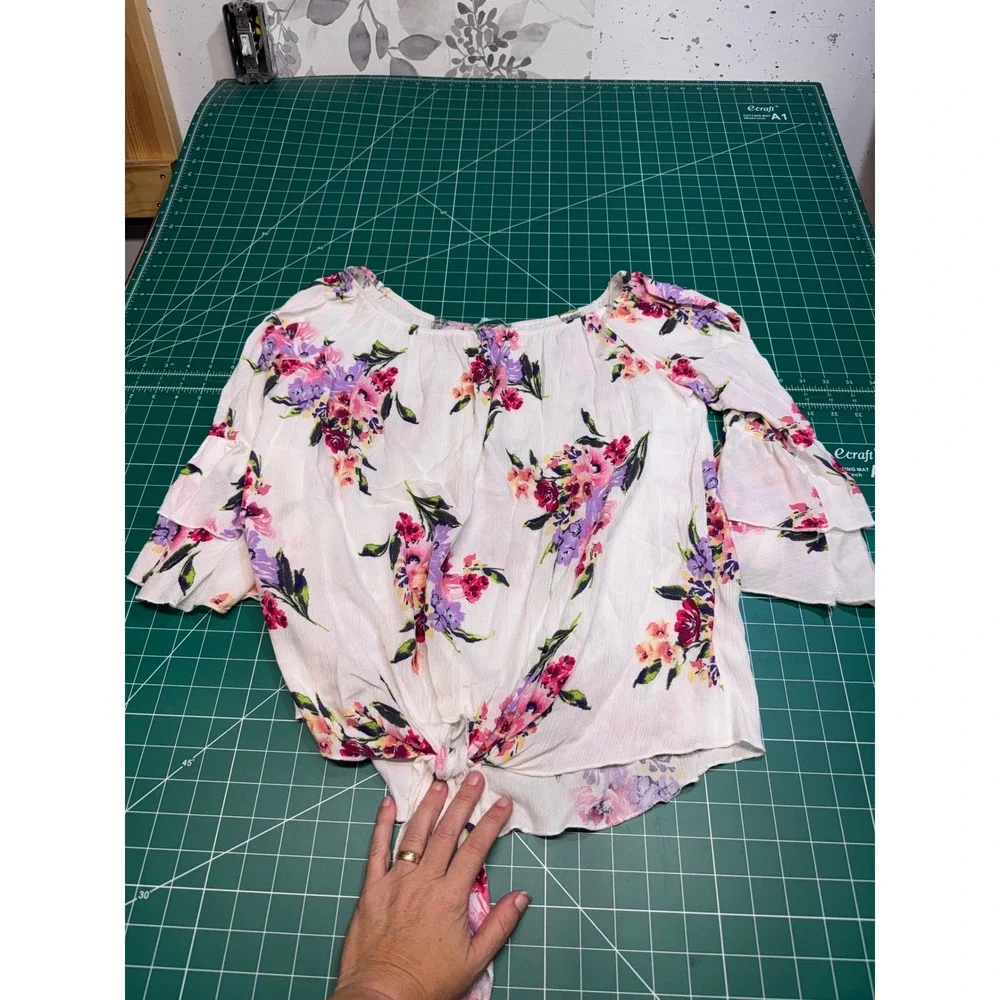 PS Kate Floral Off Shoulder Tie Front Ruffle Sleeve Blouse White Pink P14285 M